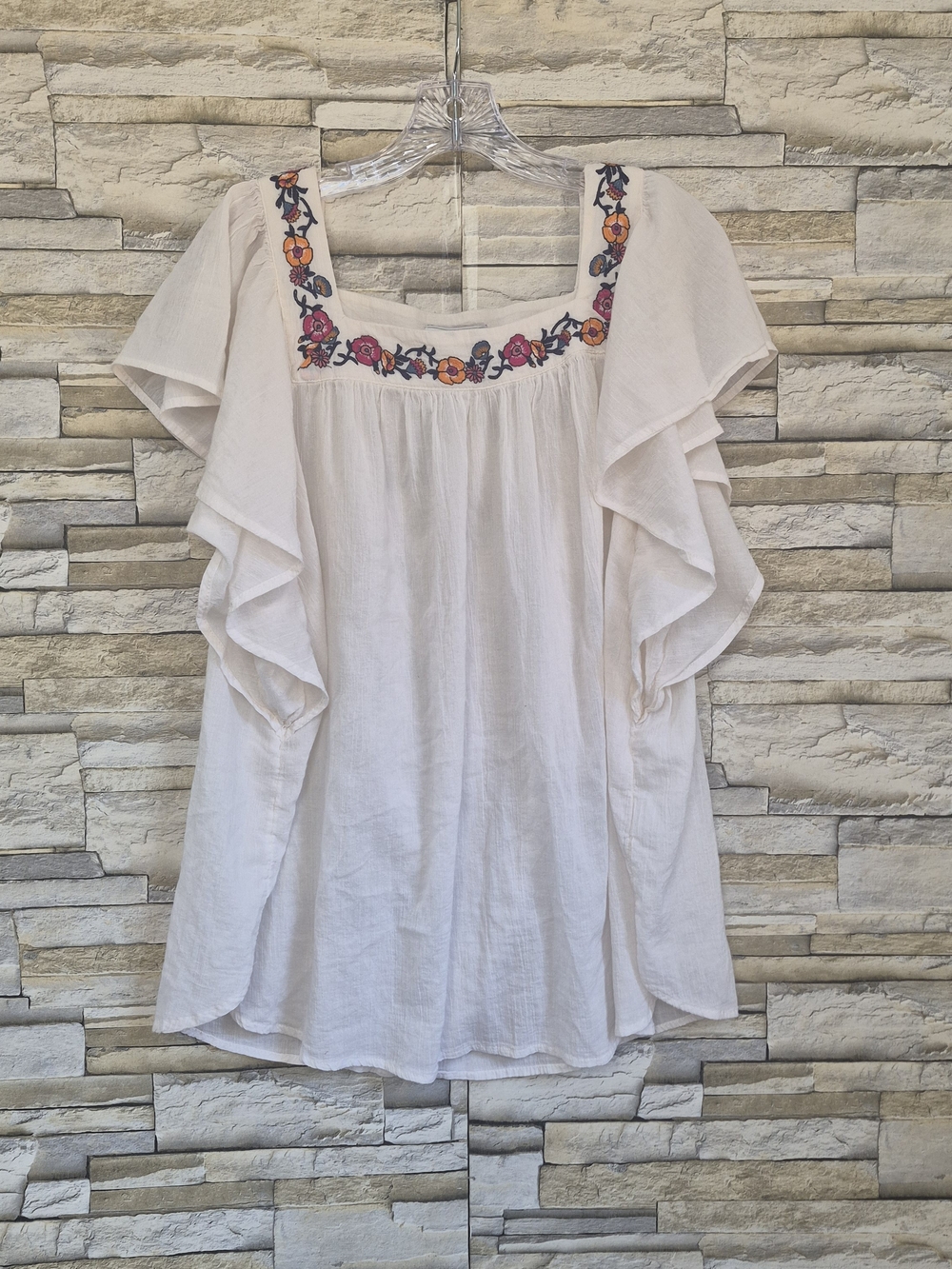 Liz Claiborne Blouse Peasant Women's Size 2X White Floral Embroidered Boho Chic